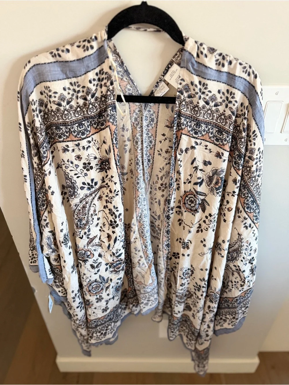 Patrons of Peace Boho Floral Kimono in Cream and Blue, Small